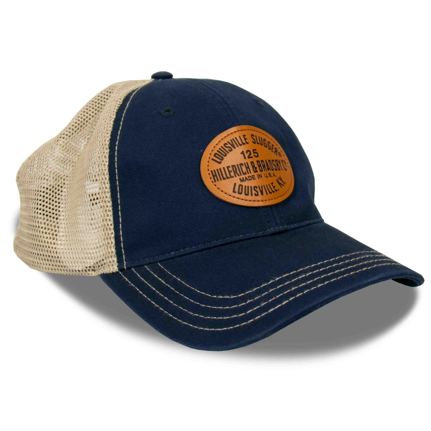 LOUISVILLE SLUGGER Leather Patch Mesh Trucker Hat-Navy 1 LOUISVILLE SLUGGER Leather Patch Mesh Trucker Hat-Navy