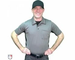 Smitty Umpire Smitty V2 Major League Replica Umpire Shirt - Charcoal Grey With Black -UMPLIFE Shop S314 CH Smitty V2 Major League Replica Umpire Shirt Charcoal Grey with Black Worn Front View