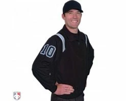 Smitty Umpire Smitty Traditional Half-Zip Umpire Jacket - Black And Powder Blue 6 Smitty Umpire Smitty Traditional Half-Zip Umpire Jacket - Black And Powder Blue -UMPLIFE Shop S320 BK PB Smitty Traiditonal Half Zip Umpire Jacket Black with Polo Blue Front Angled View with Black on Light Blue on White Precision Cut Number