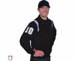 Smitty Umpire Smitty Traditional Half-Zip Umpire Jacket - Black And Powder Blue 7 Smitty Umpire Smitty Traditional Half-Zip Umpire Jacket - Black And Powder Blue -UMPLIFE Shop S320 BK PB Smitty Traiditonal Half Zip Umpire Jacket Black with Polo Blue Front Angled View with White on Black on White Precision Cut Number