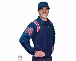 Smitty Umpire Smitty Traditional Half-Zip Umpire Jacket - Navy And Red -UMPLIFE Shop S320 N R Smitty Traditional Half Zip Umpire Jacket Navy with Red and White Worn Front Angled View with Numbers