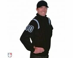 Smitty Umpire Smitty Major League Style Fleece Lined Umpire Jacket - Black And Polo Blue -UMPLIFE Shop S330 BK PB Smitty Major League Style Fleece Lined Umpire Jacket Black with Powder Blue Front Angled View with N4 SUB BPBW