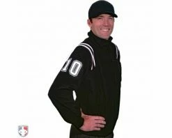 Smitty Umpire Smitty Major League Style Fleece Lined Umpire Jacket - Black And White 5 Smitty Umpire Smitty Major League Style Fleece Lined Umpire Jacket - Black And White -UMPLIFE Shop S330 BK WH Smitty Major League Style Fleece Lined Umpire Jacket Black and White Front Angled View with White on Black on White Precision Cut Number