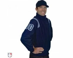 Smitty Umpire Smitty Major League Style Fleece Lined Umpire Jacket - Navy And Polo Blue -UMPLIFE Shop S330 N PB Smitty Major League Style Fleece Lined Umpire Jacket Navy with Powder Blue Front Angled View with Navy on Powder Blue on White Precision Cut Numbers 1