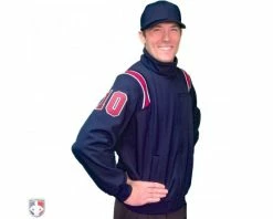 Smitty Umpire Smitty Major League Style Fleece Lined Umpire Jacket - Navy And Red -UMPLIFE Shop S330 N R Smitty Major League Style Fleece Lined Umpire Jacket Navy and Red Front Angled View with Red on Navy on White Precision Cut Numbers 1