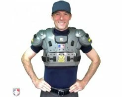 New Balance Referee And Umpire Shoes New Balance Challenger Mock Neck Short Sleeve Compression Shirt - Navy -UMPLIFE Shop TMMT717 N New Balance Mock Neck Challenger Short Sleeve Compression Shirt Navy Worn Front with Chest Protector